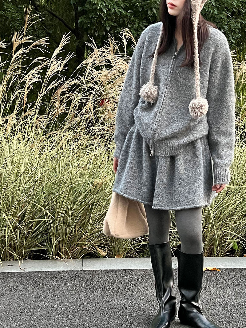 Korean soft waxy casual knitted sweater set for women's winter new curled A-word short skirt two-piece set