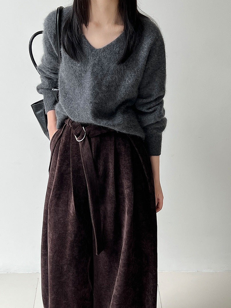 Korean retro chenille wide-leg trousers women's autumn new commuter versatile buckle casual trousers