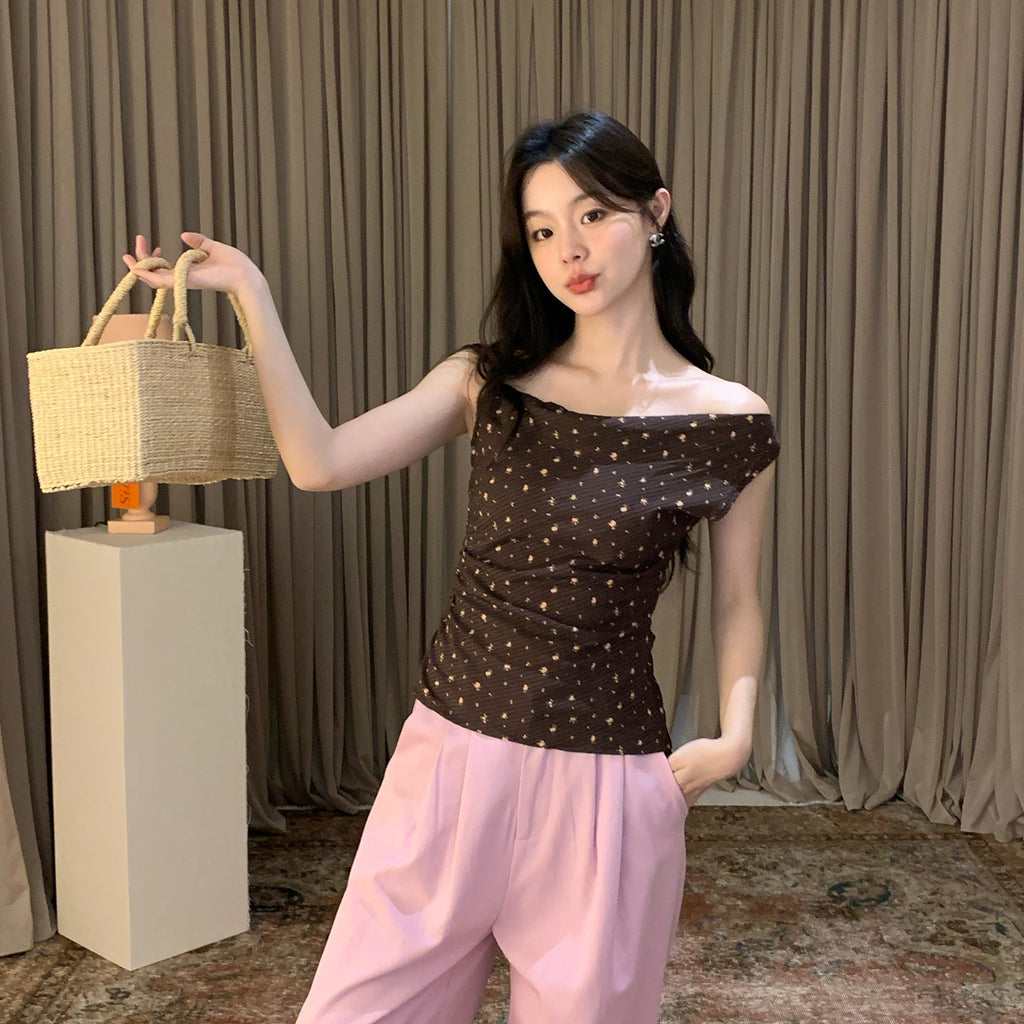 French Sweet Polka Dot Skinny Design Off-Shoulder Suspender Top