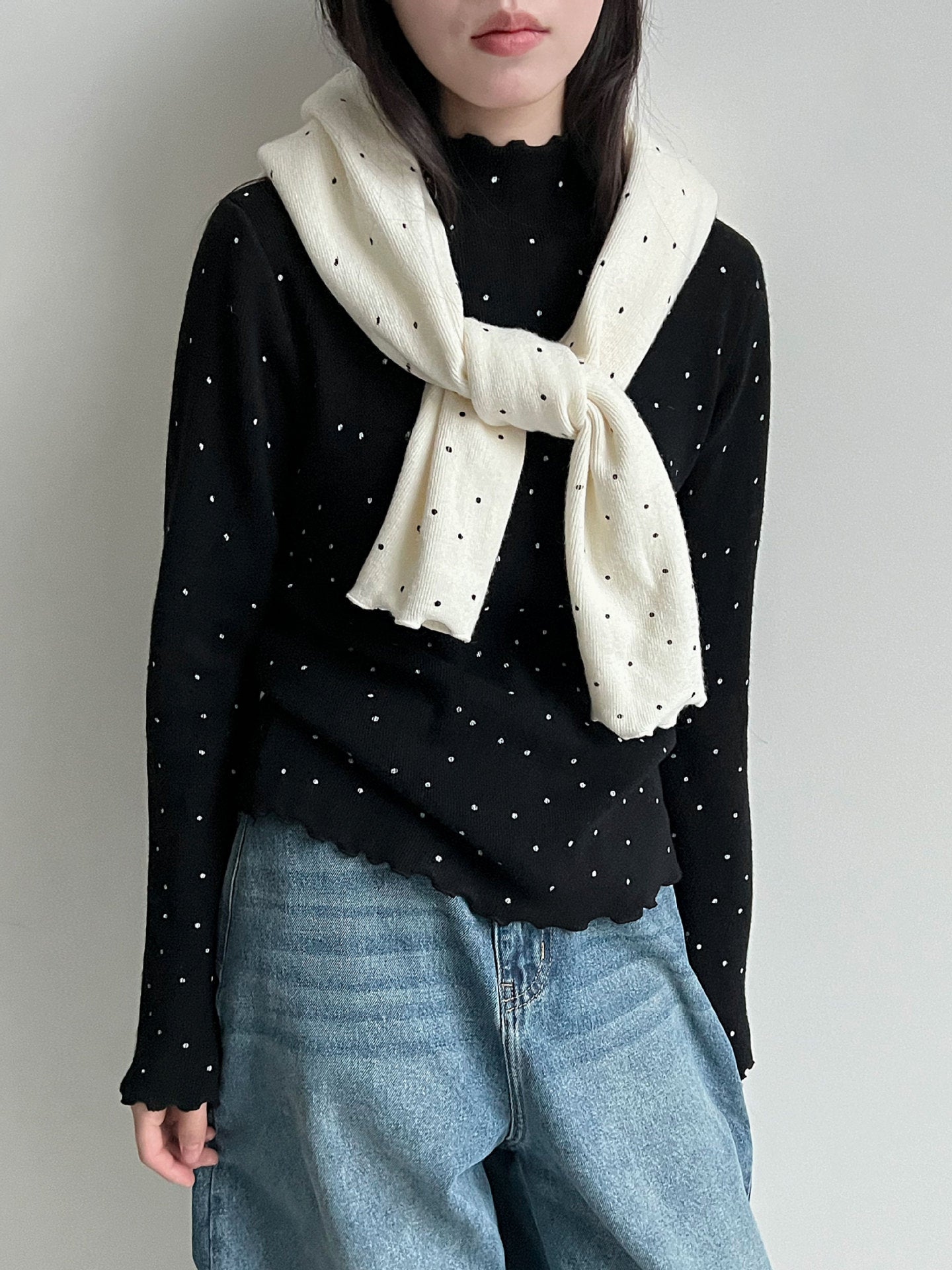 Half turtleneck polka dot elegantknitting shirt women's winter new arrival chic fungus edge inner tops