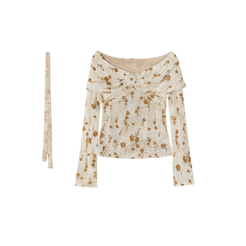 Temperament retro tea one-word shoulder floral slim-fit shirt