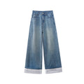 Pre-spring French lace rolled up fashion wide-leg straight jeans