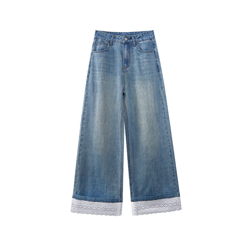 Pre-spring French lace rolled up fashion wide-leg straight jeans