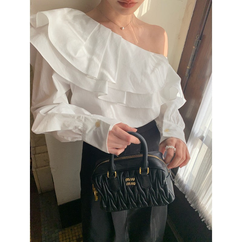 Spring explosion French celebrity temperament slanted shoulder double-layer ruffle edge top