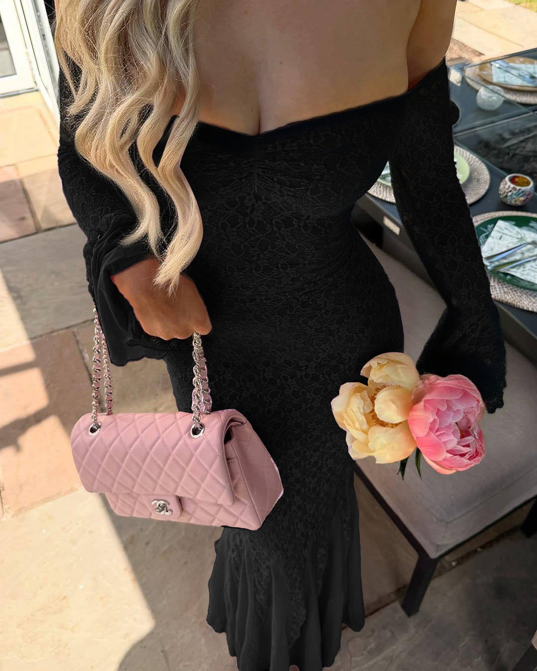 Stylish sexy flared sleeve tube top one-word shoulder dress mesh lace fishtail dress