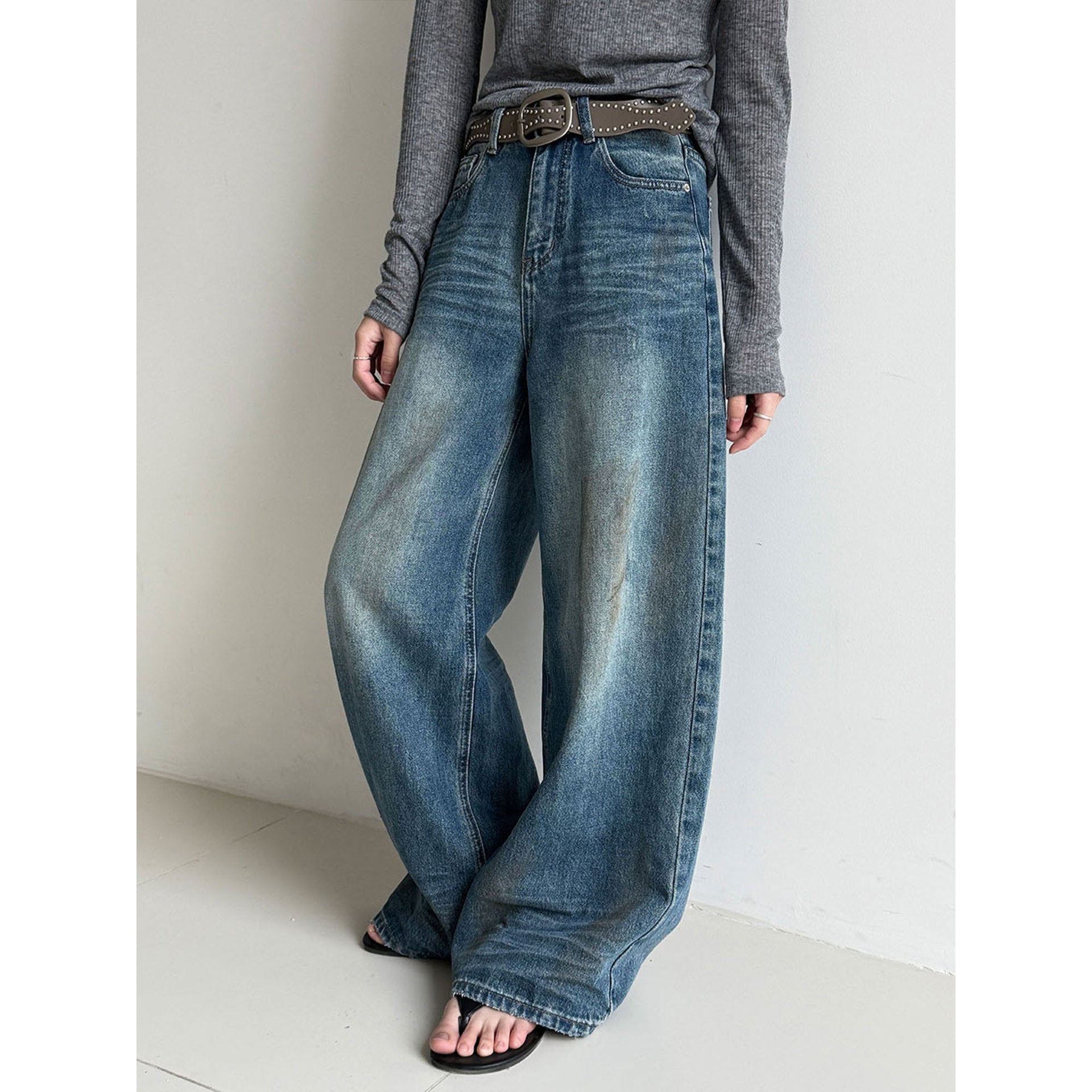 American retro wide-leg washed old jeans with rivet belt