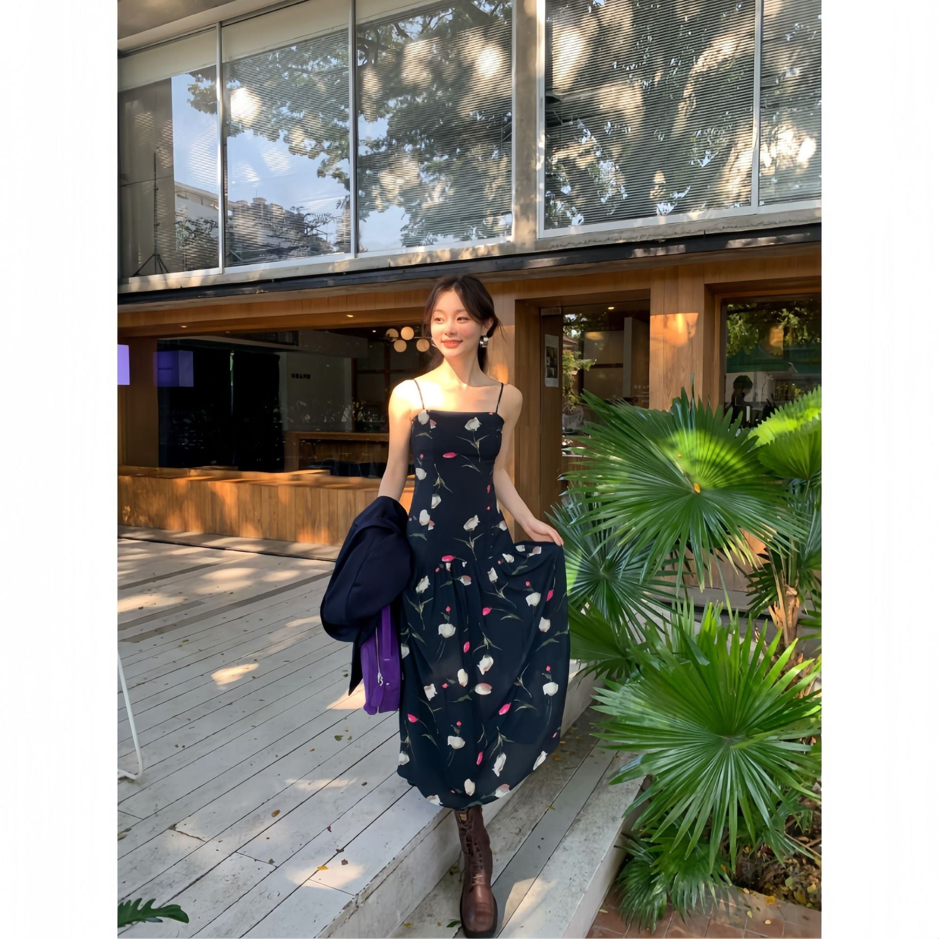 Floral Off-Shoulder Lace-Up Sleeveless Maxi Dress