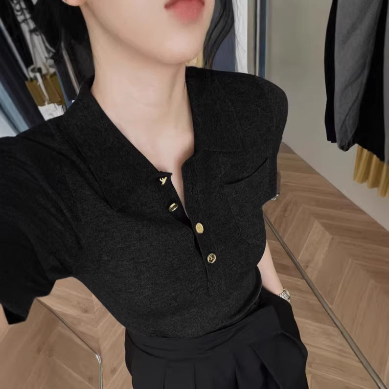 Polo Collar Short Sleeve T-Shirt Women Slim Fit Knitted Ice Silk Top