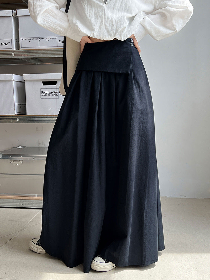 French design skirt autumn elastic waist irregular A-shaped skirt pleated long skirt