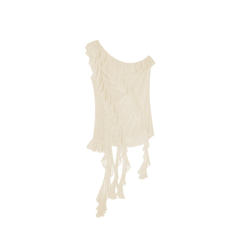 Maillard French Romantic Sleeveless Ribbon Slant Shoulder Chiffon Shirt Women