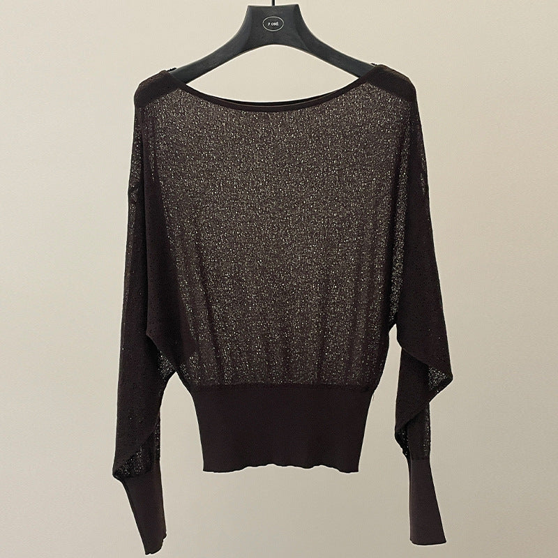 Spring and summer skin care thin one-word neck loose long-sleeved knitted blouse