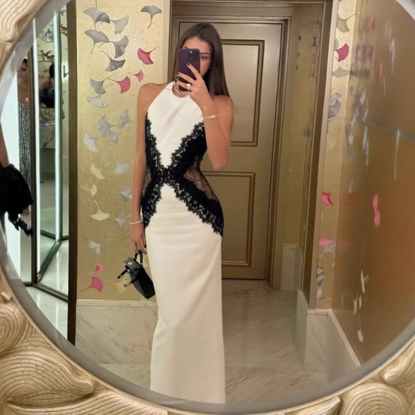 Lace splicing hollow neck long dress sexy backless slim split dress