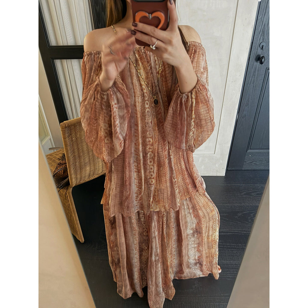 Spring retro vacation style beautiful silk printed shoulder chiffon shirt