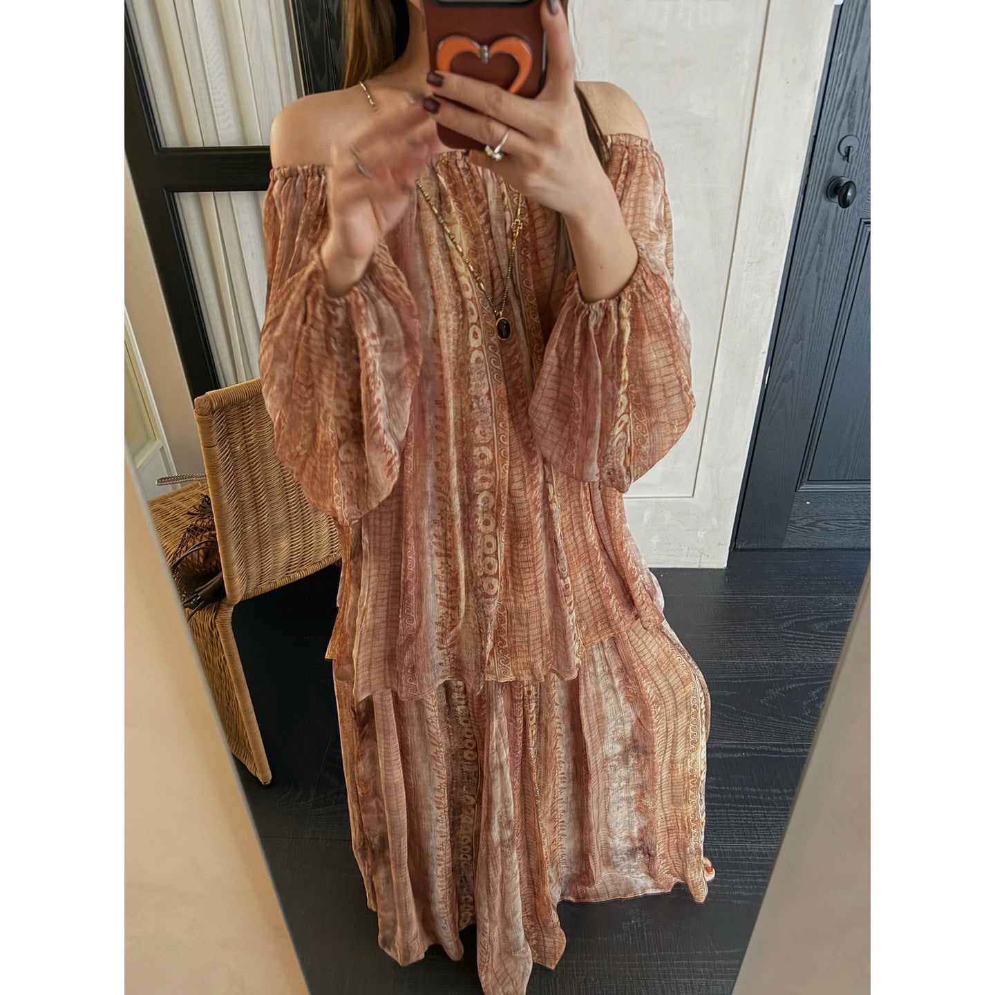 Spring retro vacation style beautiful silk printed shoulder chiffon shirt