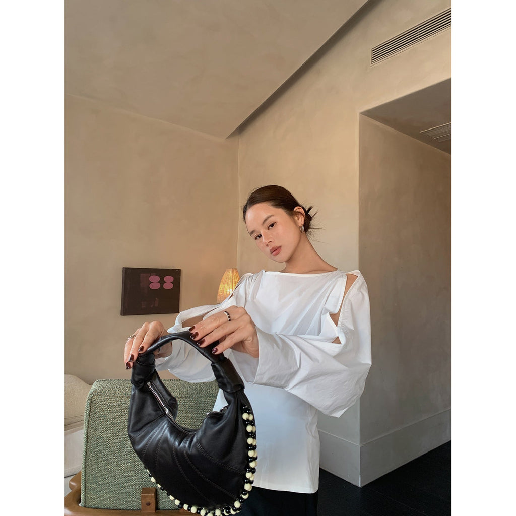 Cotton long-sleeved design off-the-shoulder waist white shirt