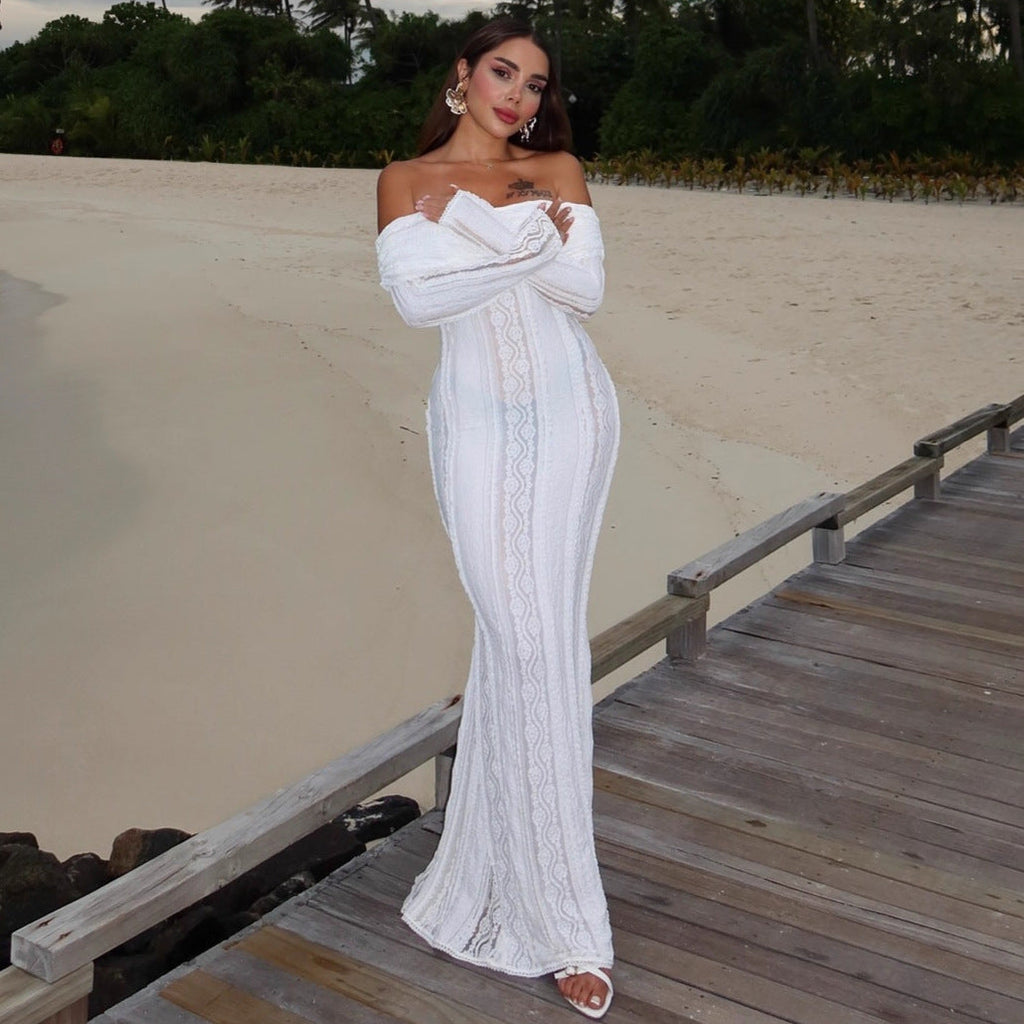 Women's new sexy one-word shoulder dress fashionable slim-fit lace hollow long-sleeved autumn and winter hip skirt