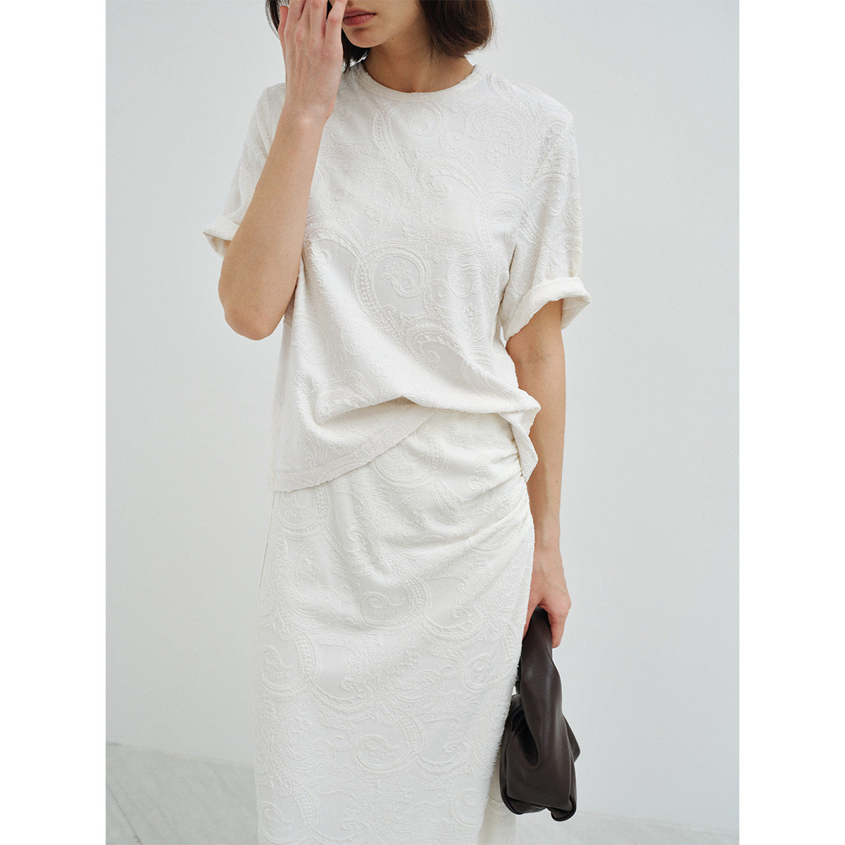 Spring new design Modal wool three-dimensional cashew flower texture T-shirt
