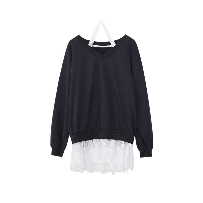Lace fake two halterneck V-neck loose sweatshirt women