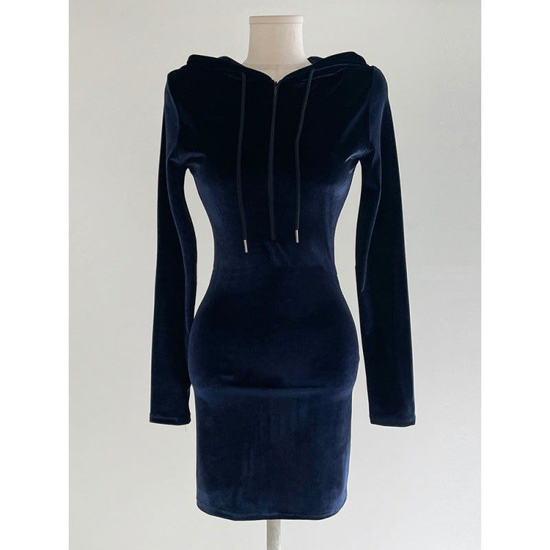Autumn and winter temperament fashion velvet slim slim hip skirt hooded short skirt