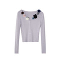 Sweet three-dimensional flower single-breasted v-neck pit strip sweater cardigan