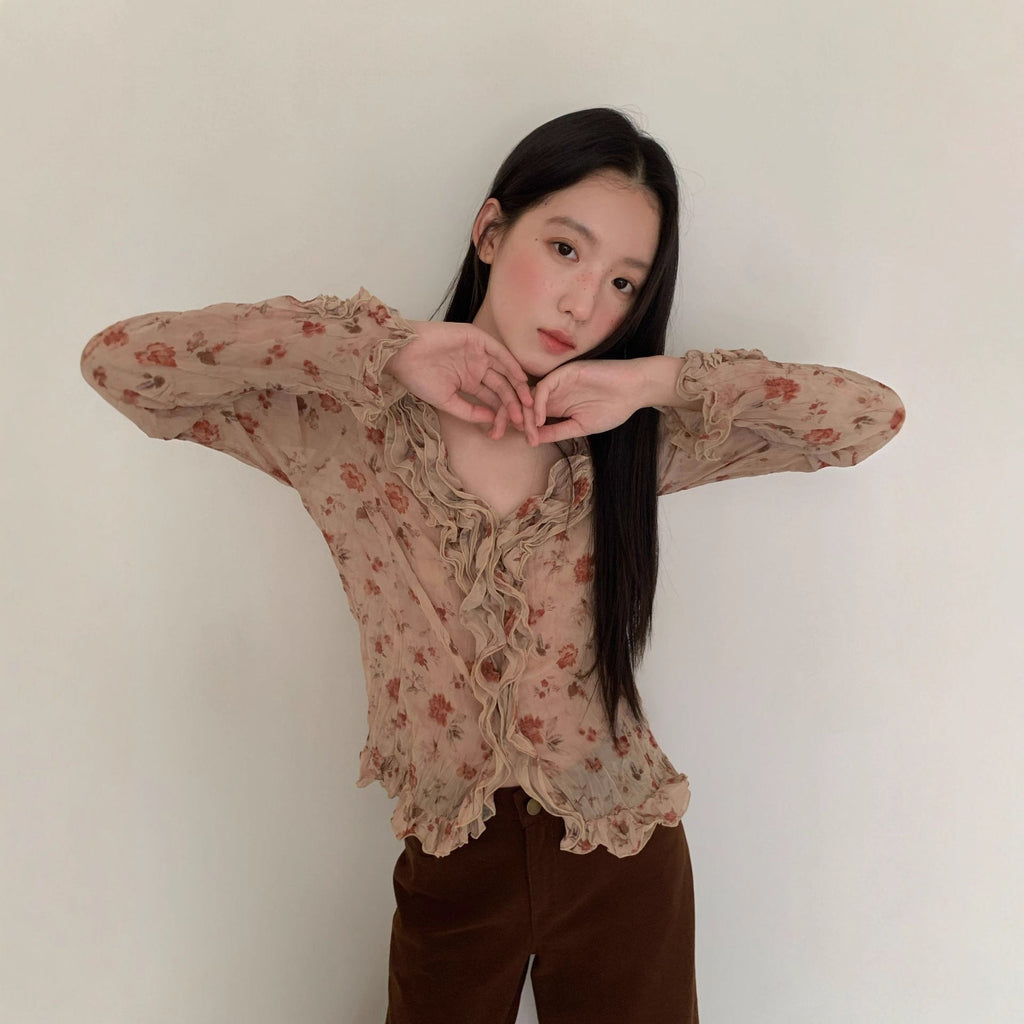 Rose print design ruffle edge thin through shirt