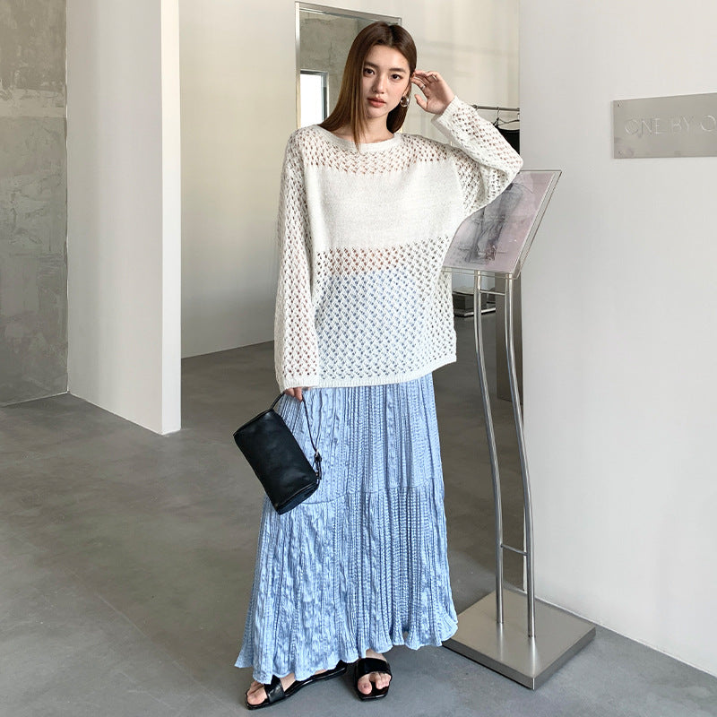 White hollow knitted sweater women's spring lazy wind loose sequined sunscreen blouse
