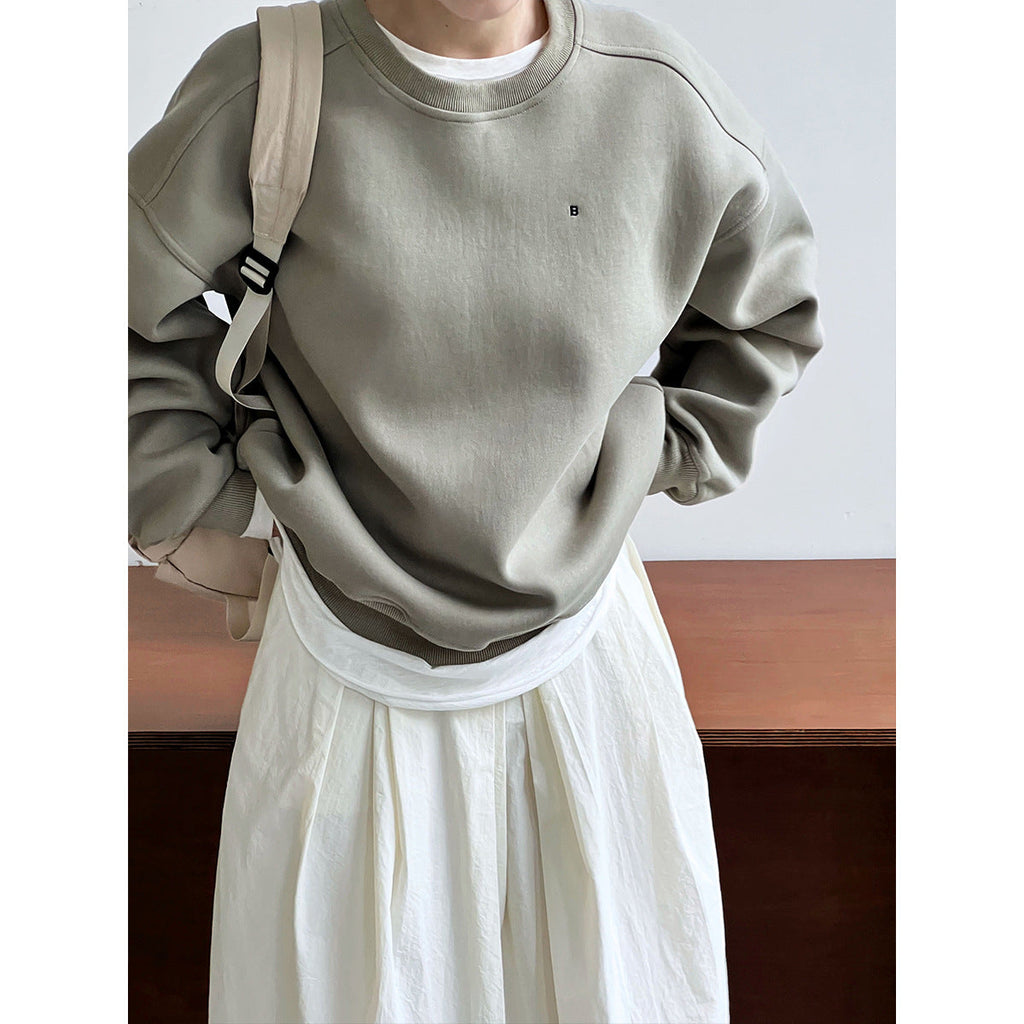 Simple silhouette loose BF solid color lazy pullover sweatshirt women's ins monogram embroidered long sleeve top