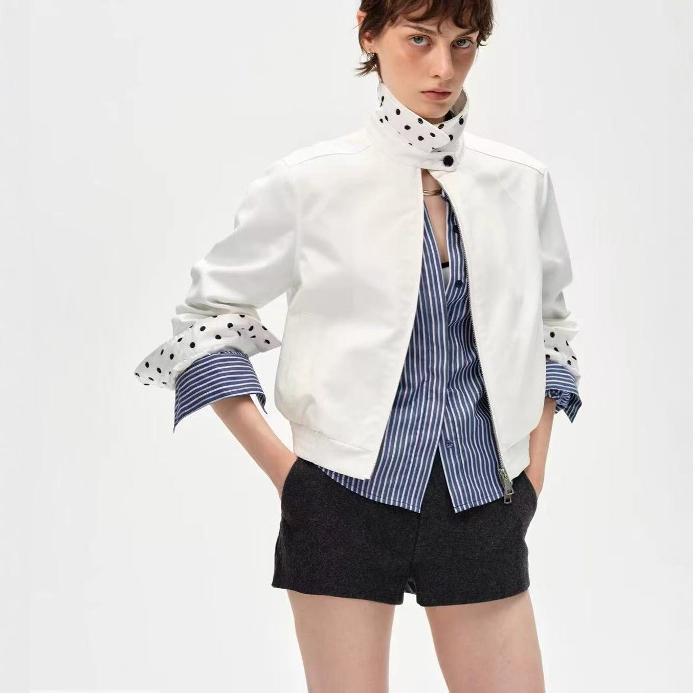 Autumn and winter new Lyocell retro collar contrasting color splicing polka dots crisp slim temperament jacket shirt women