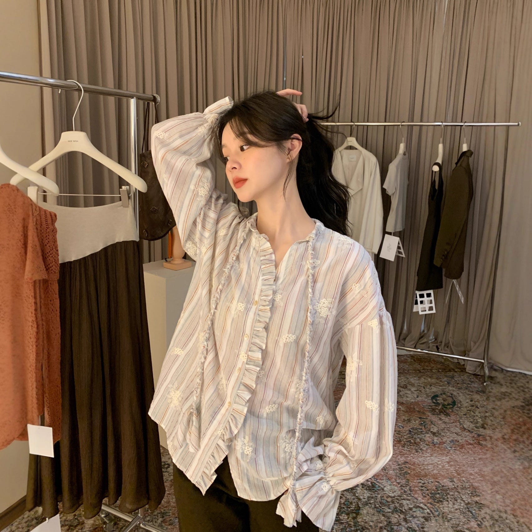 Loose long-sleeved wooden ear-edged embroidered striped shirt
