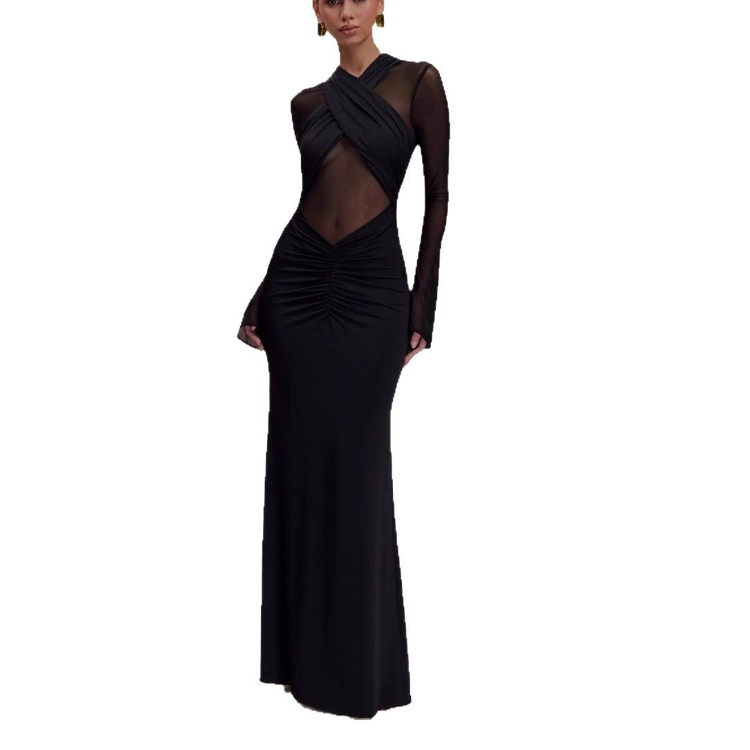 Fashion see-through high-end pleated gal sexy dress