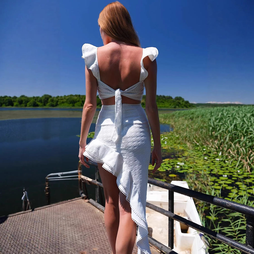 Special for jacquard flying sleeves short tops, irregular ruffle edge high waist skirt set