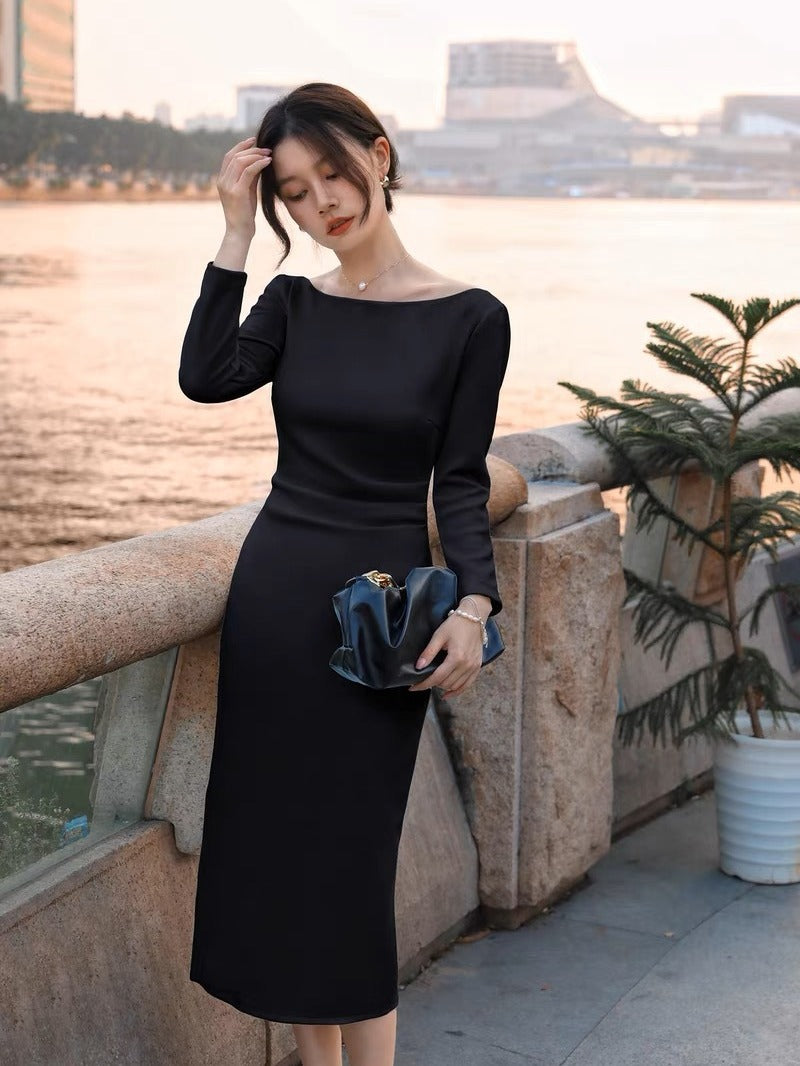 One-Shoulder Dress Women High Waist Slim Fit Pleated Bodycon Midi