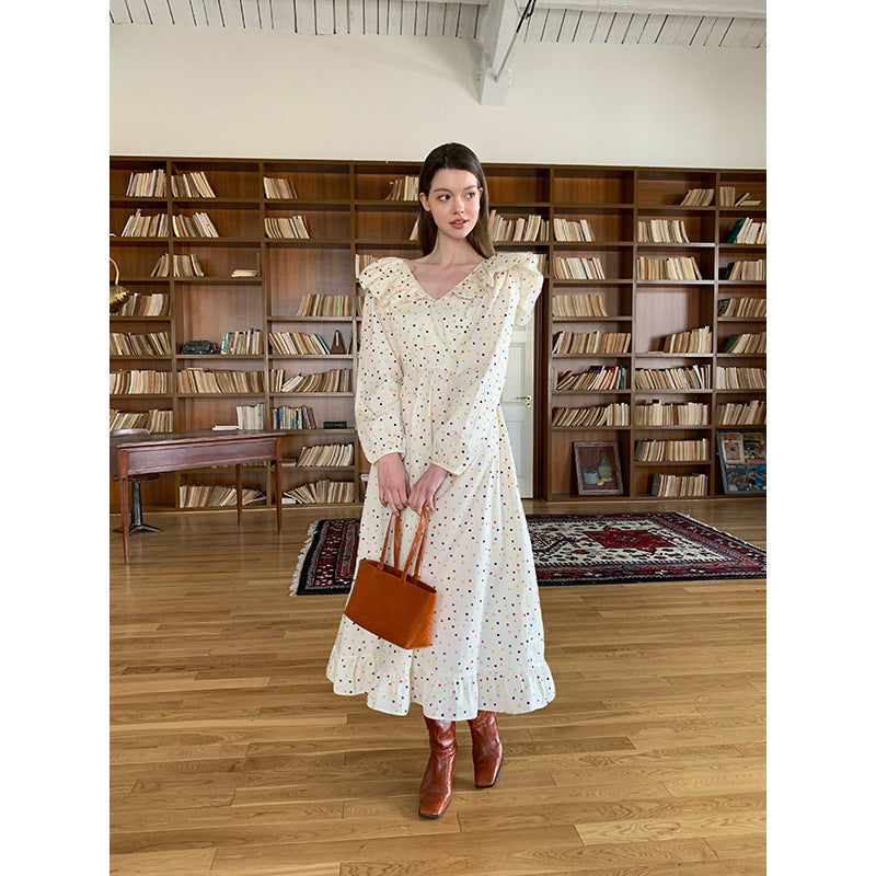 Age-reducing ruffle leaf edge waist polka dot dress