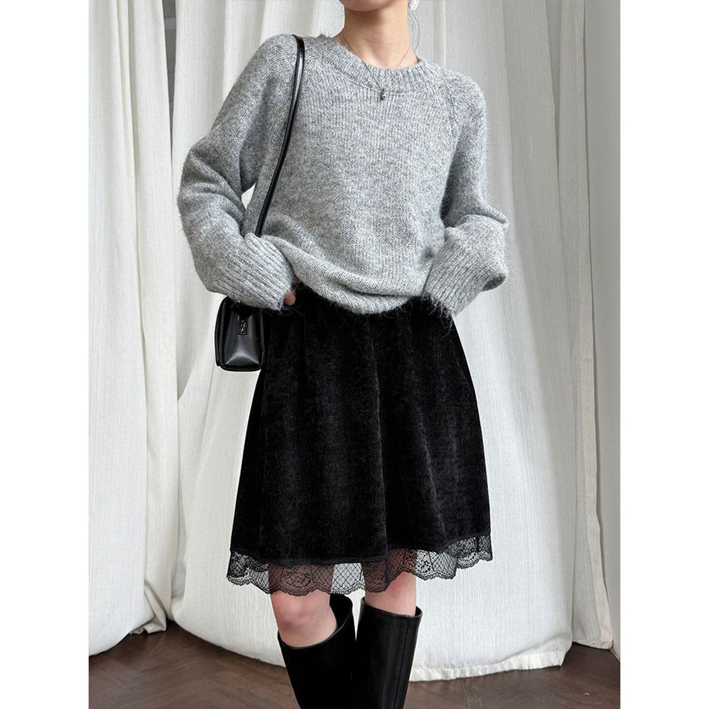Korean version of retro velvet lace splicing skirt women's winter new thin elastic a-word skirt 2166