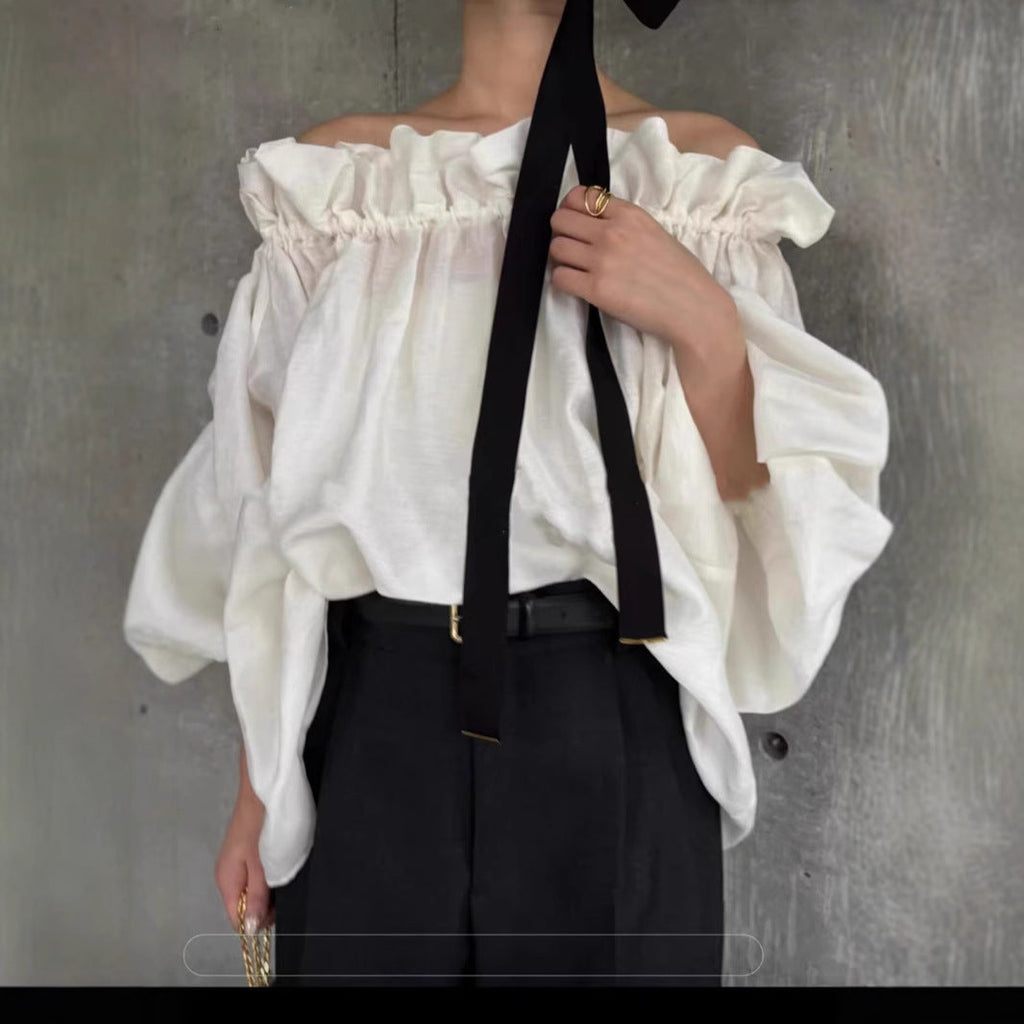 Spring and summer retro age-reducing lotus leaves, one-word shoulder collar, two tops, loose and thin casual semi-transparent shirts