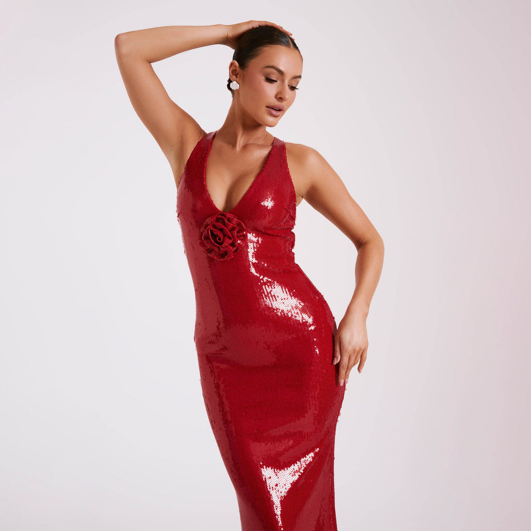 Hollow backless sexy red sequined split dress