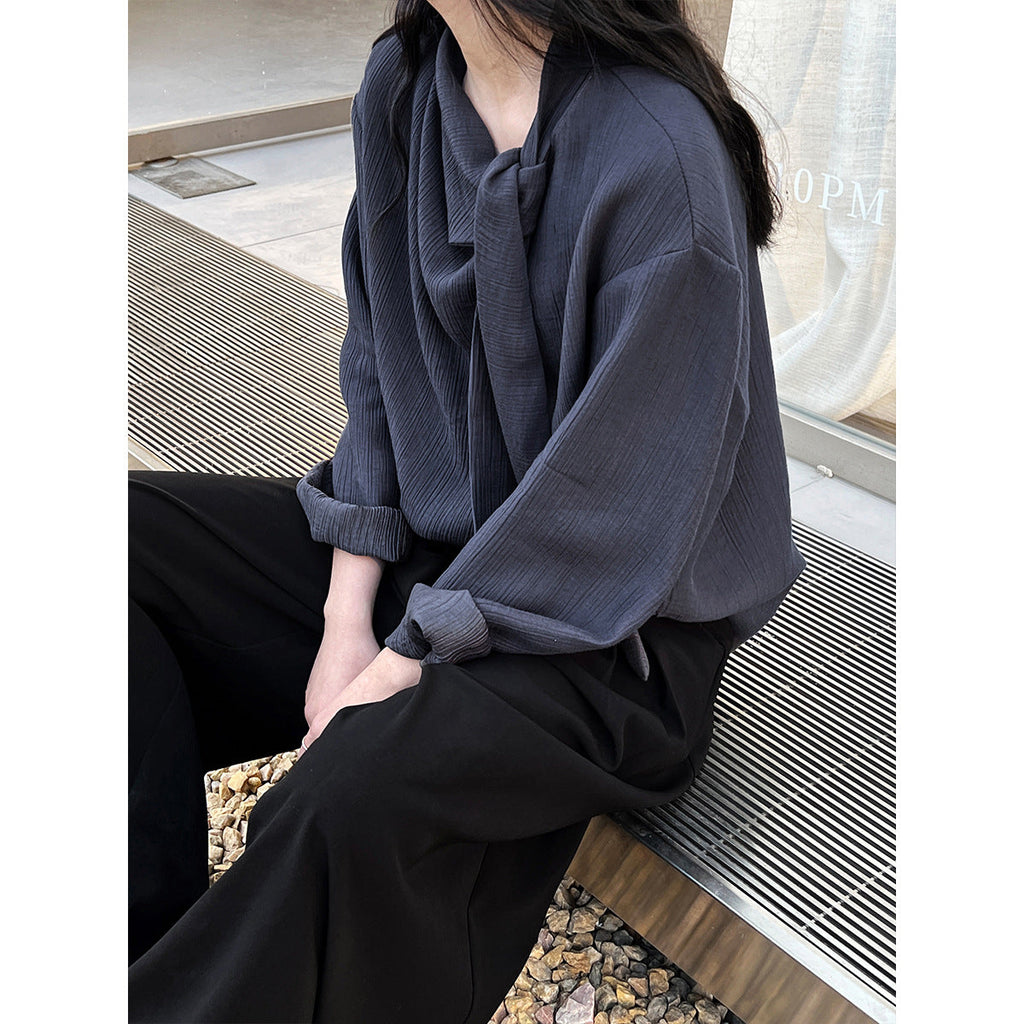 Retro temperament streamer texture shirt women's spring new lace-up slim commuter top