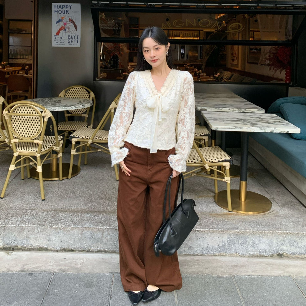 Gentle temperament V-neck lace-up bow hollow lace shirt
