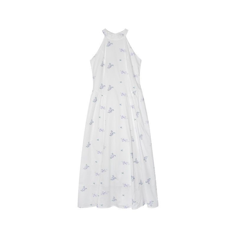 Floral white moonlight high-waisted stand-up collar sleeveless dress
