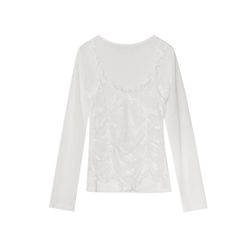 French Fake Two-Piece Lace Splicing Crew Neck Long Sleeve Shirt