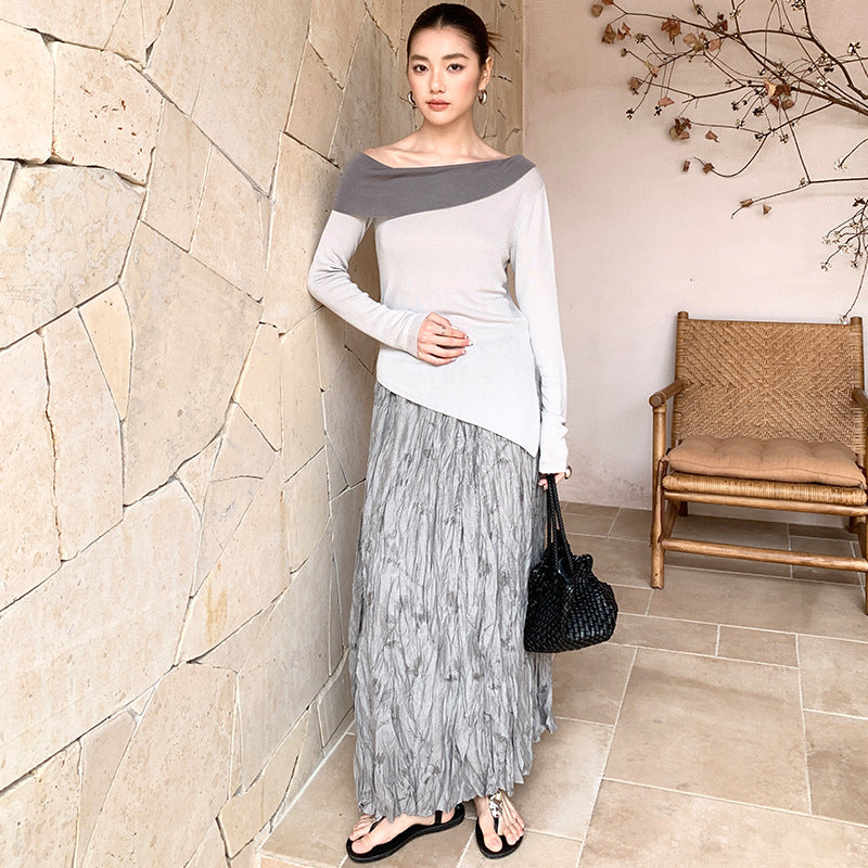 Pleated design embroidered skirt spring elastic waist thin A-shaped long skirt