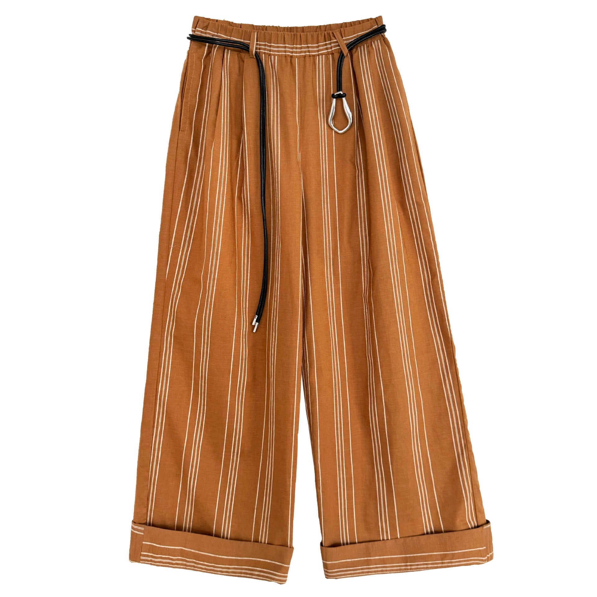Cotton and linen old money wind striped elastic waist casual pants women's new summer models with belts lazy wide legs