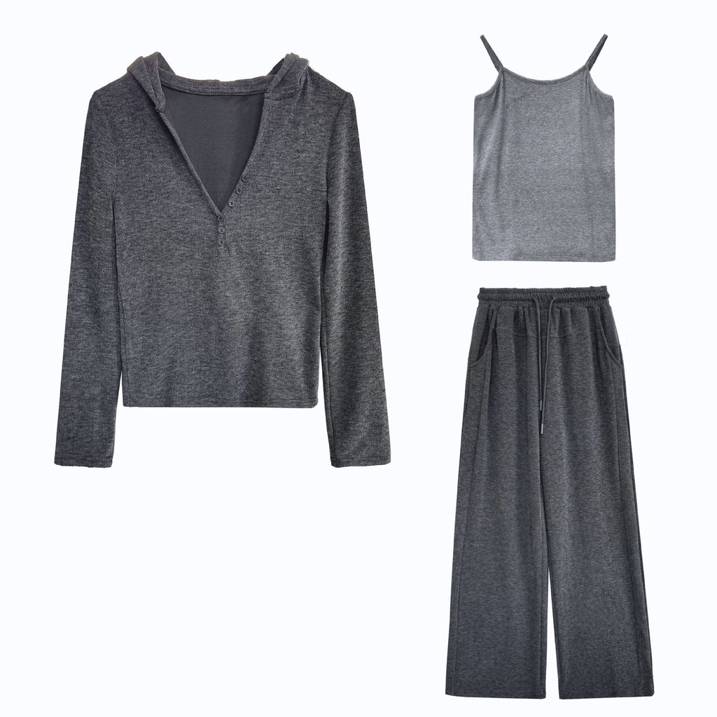 Stack in early autumn casual sports suit women's hooded sweater + suspender vest + wide-leg pants three-piece set