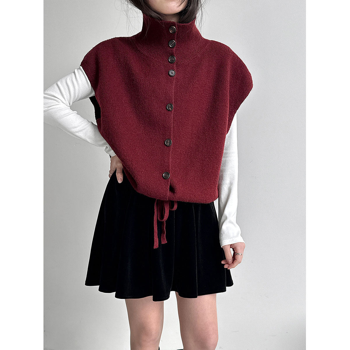 Korean stacked turtleneck knitted vest women's spring drawstring waist versatile sweater vest