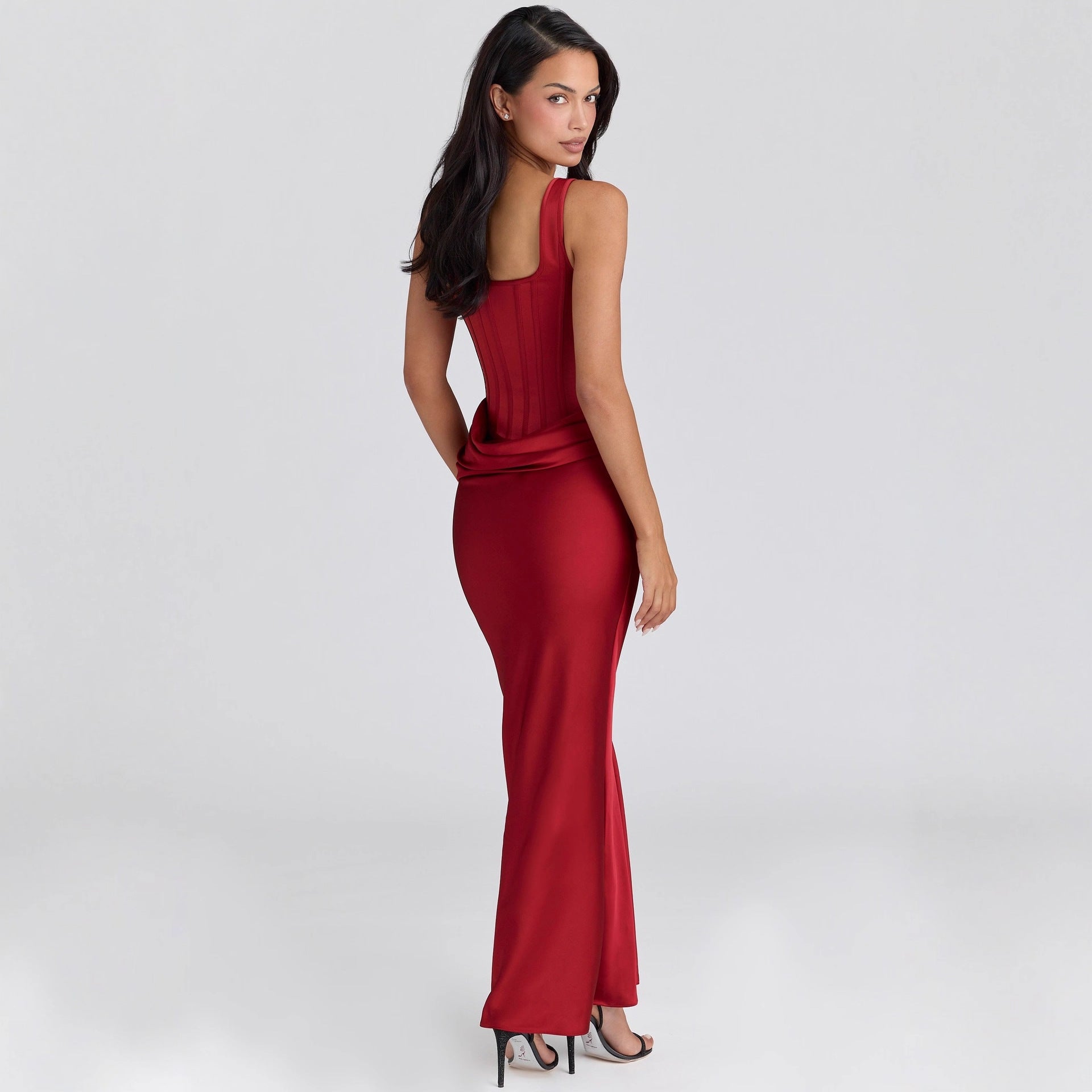 Sexy satin fishbone suspender hip skirt pleated splicing hottie dress sleeveless waist