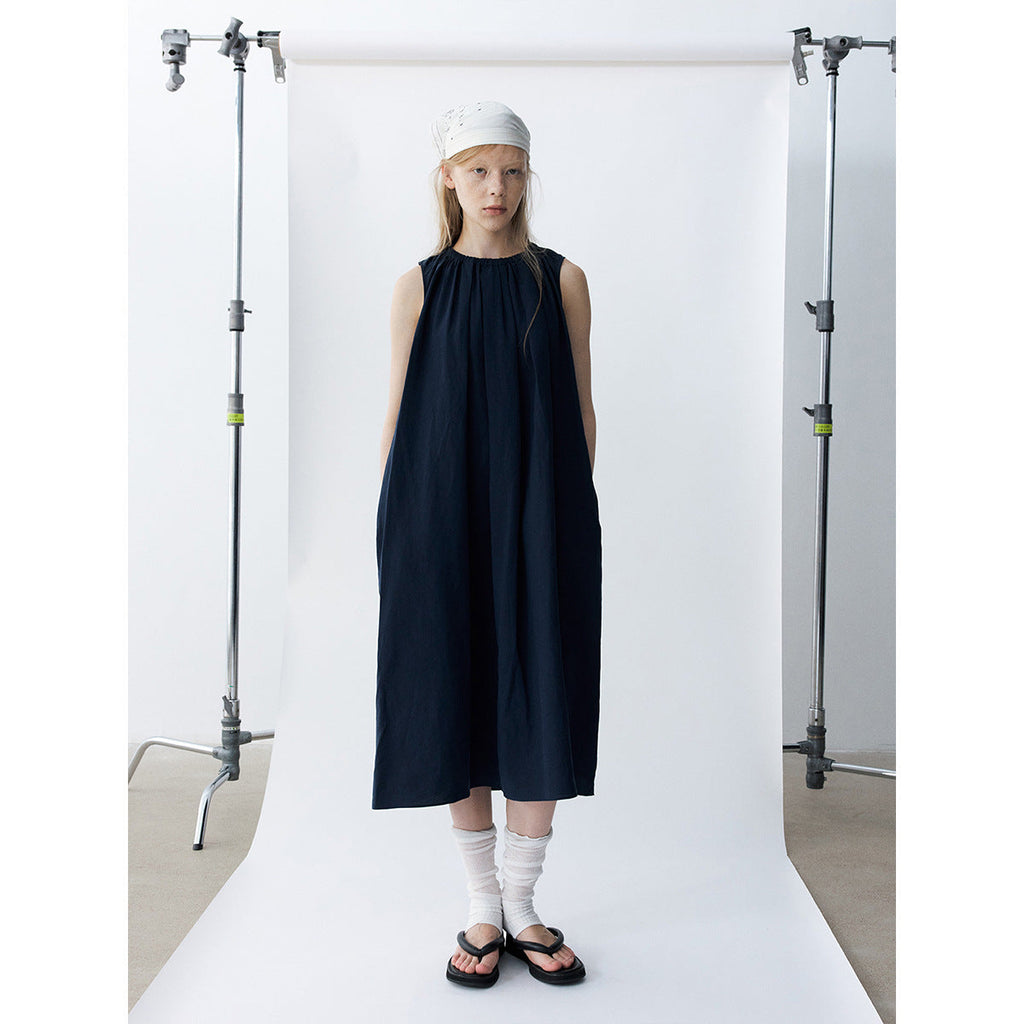 Summer new casual round neck tencel hemp pleated solid color medium and long vest skirt