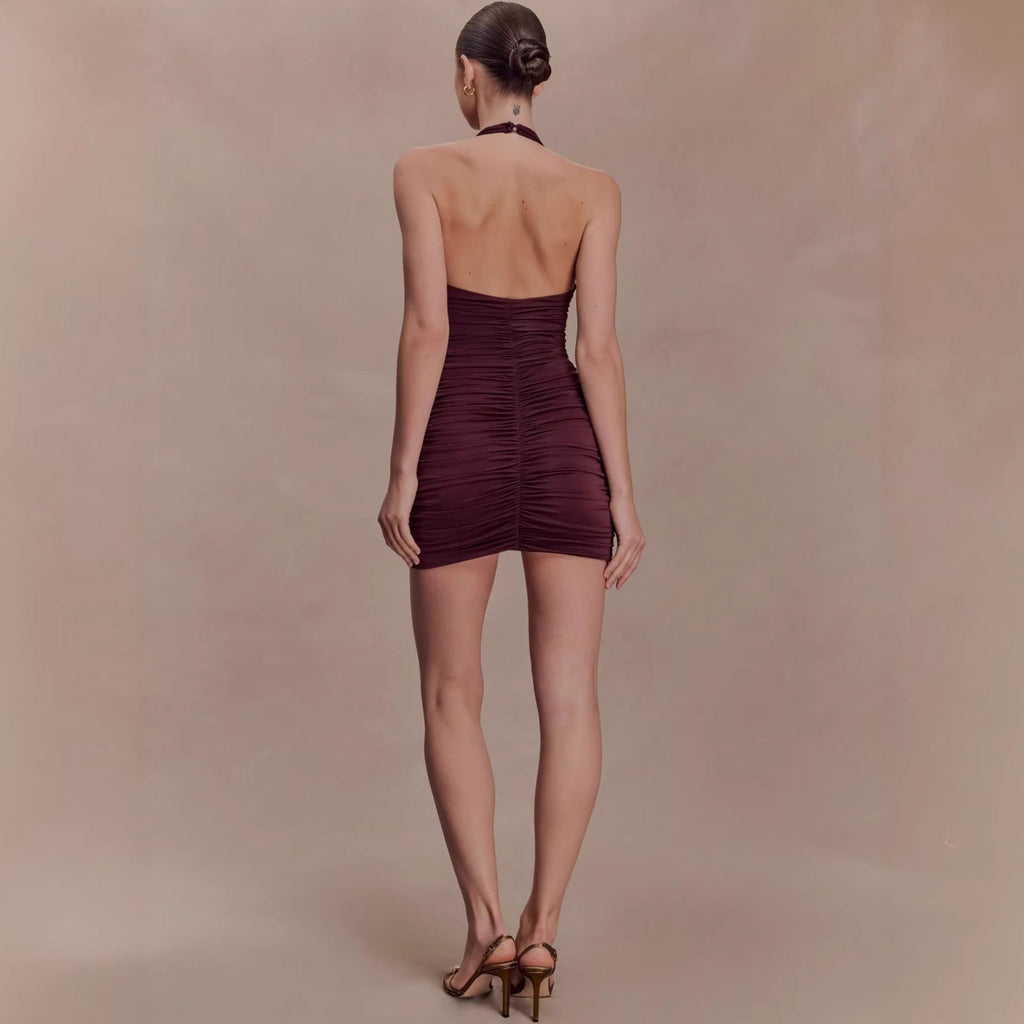 Sexy V-neck slim-fit pleated hip skirt backless European and American neck dress