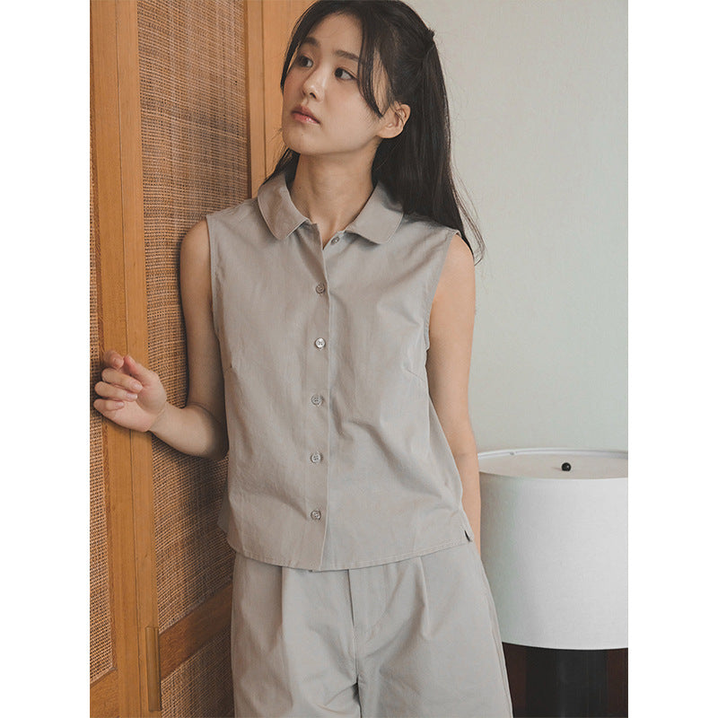 Commuter lapel texture sleeveless shirt summer lapel shirt