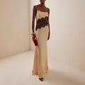 New fashion satin lace splicing suspender long dress backless sexy dress women
