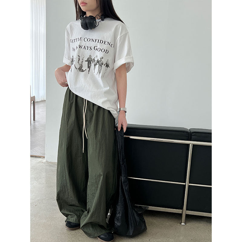 American street style glossy pleated casual pants women's summer new high-waisted sickle overalls